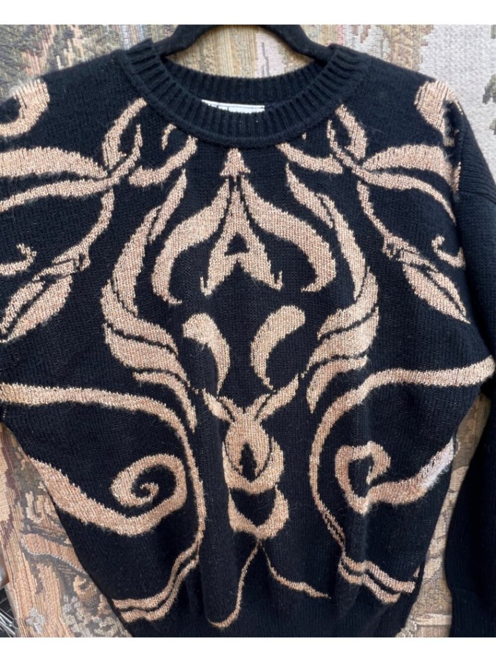 Y2K Madamoiselle Sweater XL Black & Sparkly Gold Baroque Knit VTG 90s Glam Rock - Picture 2 of 10